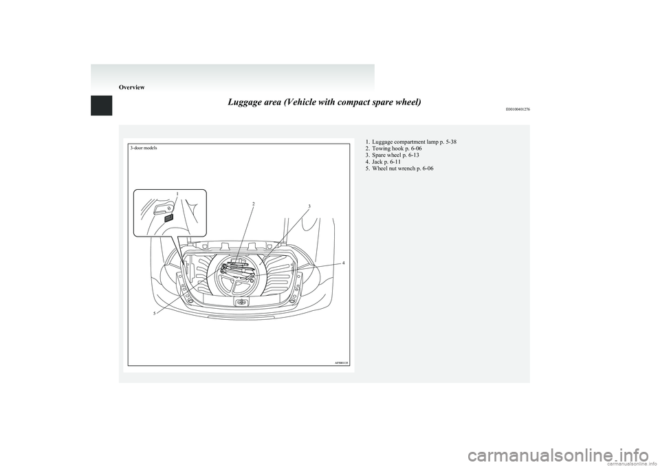 MITSUBISHI COLT 2011   (in English) User Guide Luggage area (Vehicle with compact spare wheel)E00100401276
3-door models123451. Luggage compartment lamp p. 5-38
2. Towing hook p. 6-06
3. Spare wheel p. 6-13
4. Jack p. 6-11
5. Wheel nut wrench p. 6