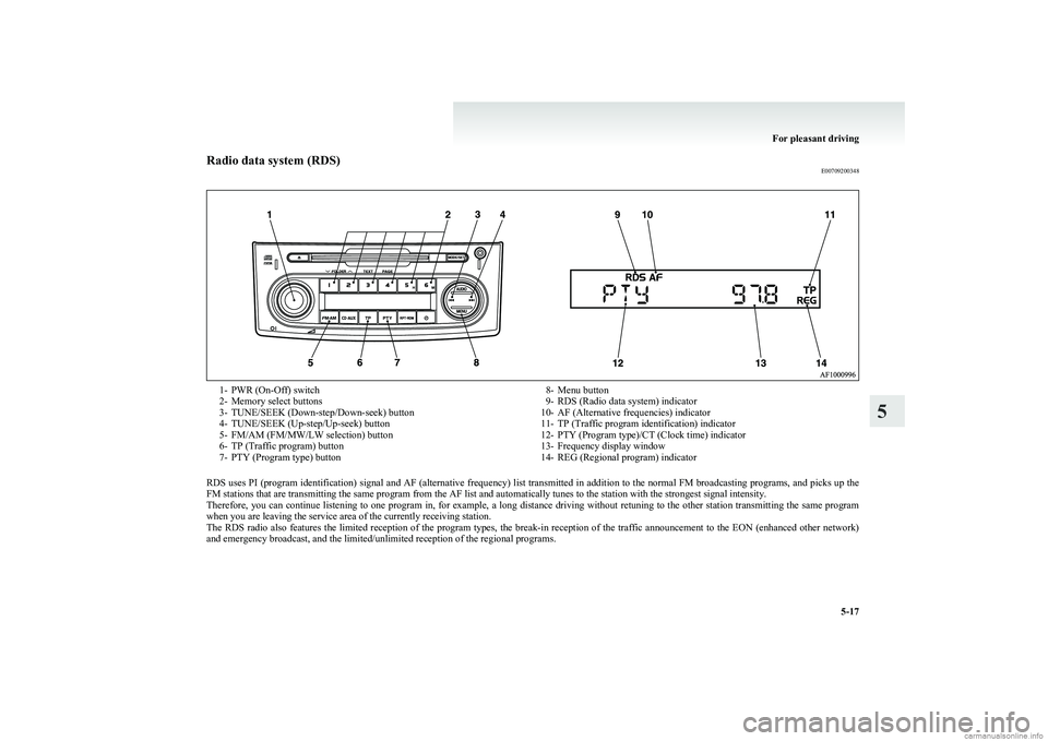 MITSUBISHI COLT 2011 (in English) Owners Guide Radio data system (RDS)E007092003481- PWR (On-Off) switch
2- Memory select buttons
3- TUNE/SEEK (Down-step/Down-seek) button
4- TUNE/SEEK (Up-step/Up-seek) button
5- FM/AM (FM/MW/LW selection) button
MITSUBISHI COLT 2011 (in English) Owners Guide Radio data system (RDS)E007092003481- PWR (On-Off) switch
2- Memory select buttons
3- TUNE/SEEK (Down-step/Down-seek) button
4- TUNE/SEEK (Up-step/Up-seek) button
5- FM/AM (FM/MW/LW selection) button