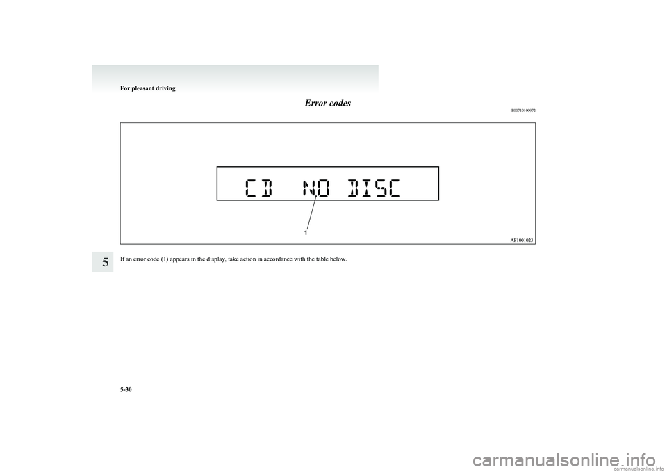 MITSUBISHI COLT 2011 (in English) Owners Guide Error codesE00710100972
If an error code (1) appears in the display, take action in accordance with the table below.
For pleasant driving
5-30
5 MITSUBISHI COLT 2011 (in English) Owners Guide Error codesE00710100972
If an error code (1) appears in the display, take action in accordance with the table below.
For pleasant driving
5-30
5