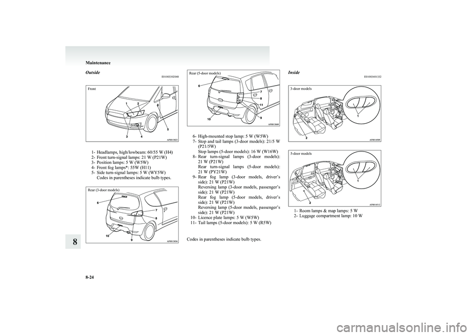 MITSUBISHI COLT 2011 (in English) User Guide OutsideE01003302048Front
1- Headlamps, high/lowbeam: 60/55 W (H4)
2- Front turn-signal lamps: 21 W (P21W)
3- Position lamps: 5 W (W5W)
4- Front fog lamps*: 55W (H11)
5- Side turn-signal lamps: 5 W (WY MITSUBISHI COLT 2011 (in English) User Guide OutsideE01003302048Front
1- Headlamps, high/lowbeam: 60/55 W (H4)
2- Front turn-signal lamps: 21 W (P21W)
3- Position lamps: 5 W (W5W)
4- Front fog lamps*: 55W (H11)
5- Side turn-signal lamps: 5 W (WY