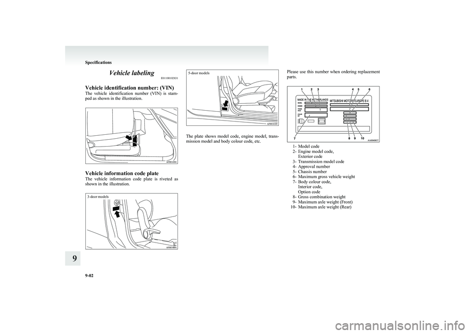 MITSUBISHI COLT 2011 Owners Manual (in English) Vehicle labelingE01100102831
Vehicle identification number: (VIN)
The vehicle identification number (VIN) is stam-
ped as shown in the illustration.
Vehicle information code plate
The vehicle MITSUBISHI COLT 2011 Owners Manual (in English) Vehicle labelingE01100102831
Vehicle identification number: (VIN)
The vehicle identification number (VIN) is stam-
ped as shown in the illustration.
Vehicle information code plate
The vehicle