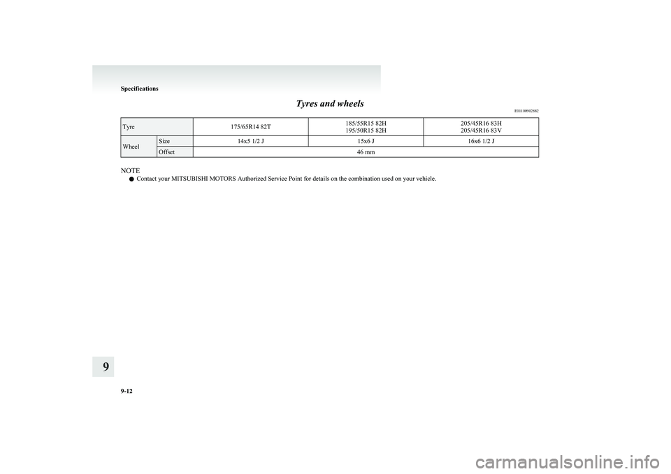 MITSUBISHI COLT 2011  Owners Manual (in English) Tyres and wheelsE01100902682Tyre175/65R14 82T185/55R15 82H
195/50R15 82H205/45R16 83H
205/45R16 83VWheelSize14x5 1/2 J15x6 J16x6 1/2 JOffset46 mm
NOTE
l Contact your MITSUBISHI MOTORS Authorized Servi