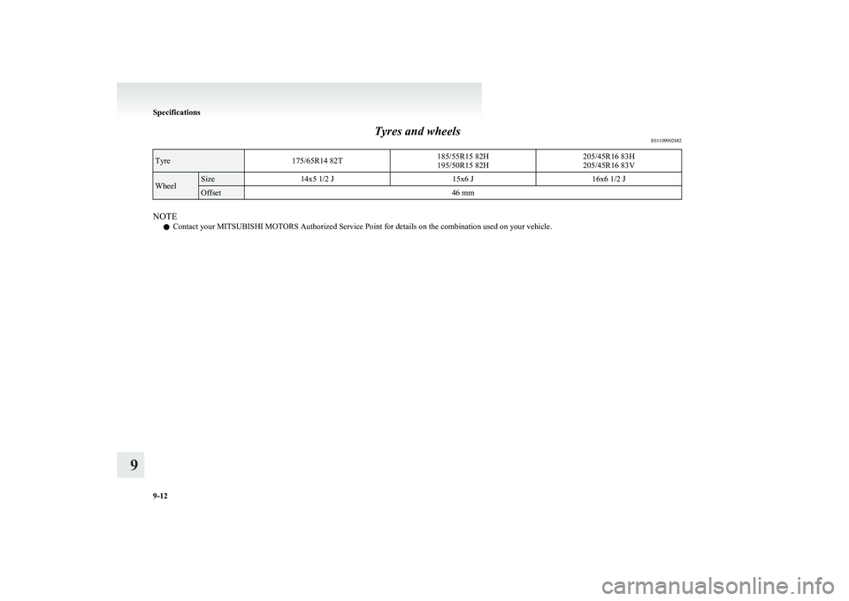 MITSUBISHI COLT 2011  Owners Manual (in English) Tyres and wheelsE01100902682Tyre175/65R14 82T185/55R15 82H
195/50R15 82H205/45R16 83H
205/45R16 83VWheelSize14x5 1/2 J15x6 J16x6 1/2 JOffset46 mm
NOTE
l Contact your MITSUBISHI MOTORS Authorized Servi