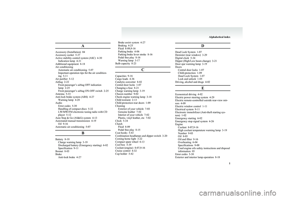 MITSUBISHI COLT 2011 (in English) User Guide A
Accessory (Installation) 04
Accessory socket 5-37
Active stability control system (ASC) 4-30 Indication lamp 4-31
Additional equipment 8-18
Air conditioning Automatic air conditioning 5-07
Imp MITSUBISHI COLT 2011 (in English) User Guide A
Accessory (Installation) 04
Accessory socket 5-37
Active stability control system (ASC) 4-30 Indication lamp 4-31
Additional equipment 8-18
Air conditioning Automatic air conditioning 5-07
Imp