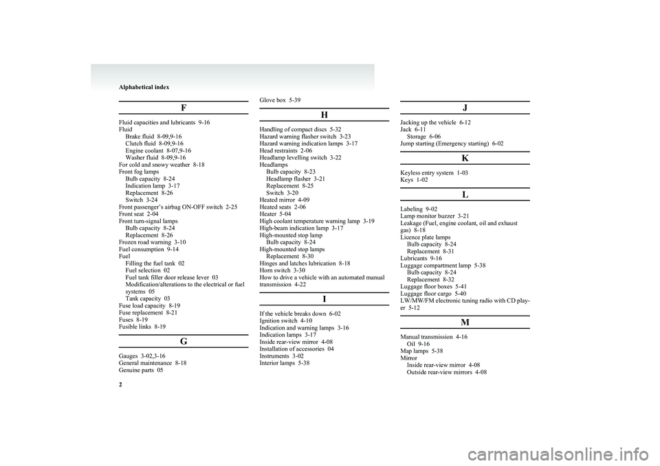 MITSUBISHI COLT 2011   (in English) User Guide F
Fluid capacities and lubricants  9-16
Fluid Brake fluid  8-09,9-16
Clutch fluid  8-09,9-16
Engine coolant  8-07,9-16
Washer fluid  8-09,9-16
For cold and snowy weather  8-18
Front fog lamps Bulb cap