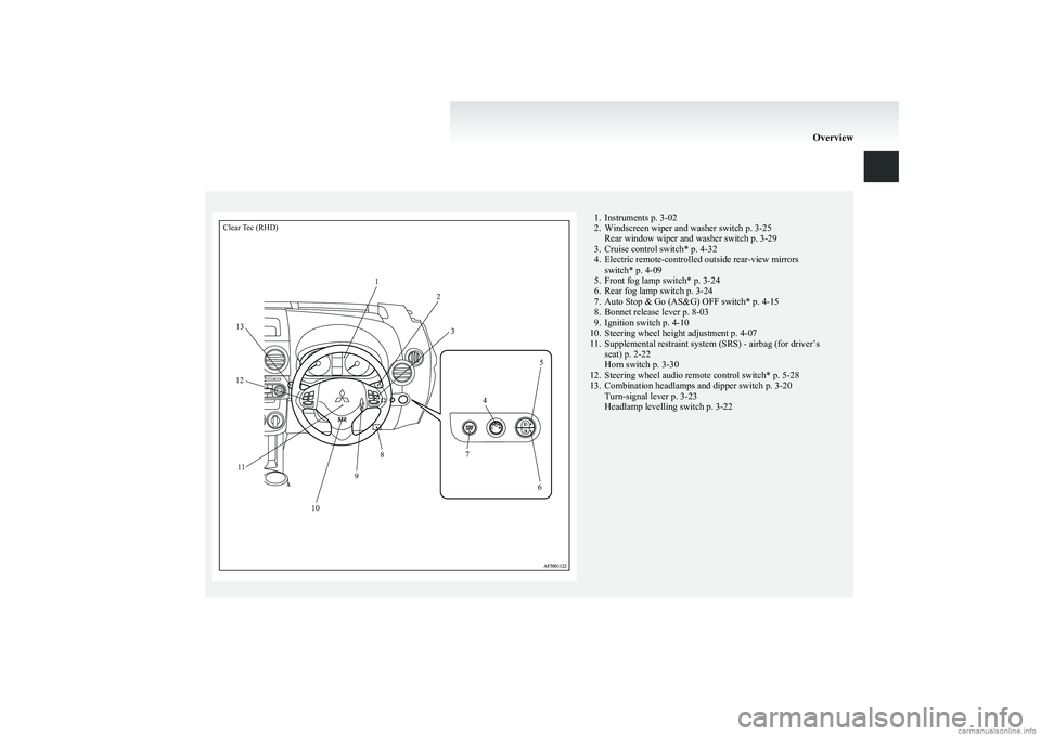 MITSUBISHI COLT 2011 Owners Manual (in English) Clear Tec (RHD)123456789101112131. Instruments p. 3-02
2. Windscreen wiper and washer switch p. 3-25 Rear window wiper and washer switch p. 3-29
3. Cruise control switch* p. 4-32
4. Electric remote-co MITSUBISHI COLT 2011 Owners Manual (in English) Clear Tec (RHD)123456789101112131. Instruments p. 3-02
2. Windscreen wiper and washer switch p. 3-25 Rear window wiper and washer switch p. 3-29
3. Cruise control switch* p. 4-32
4. Electric remote-co