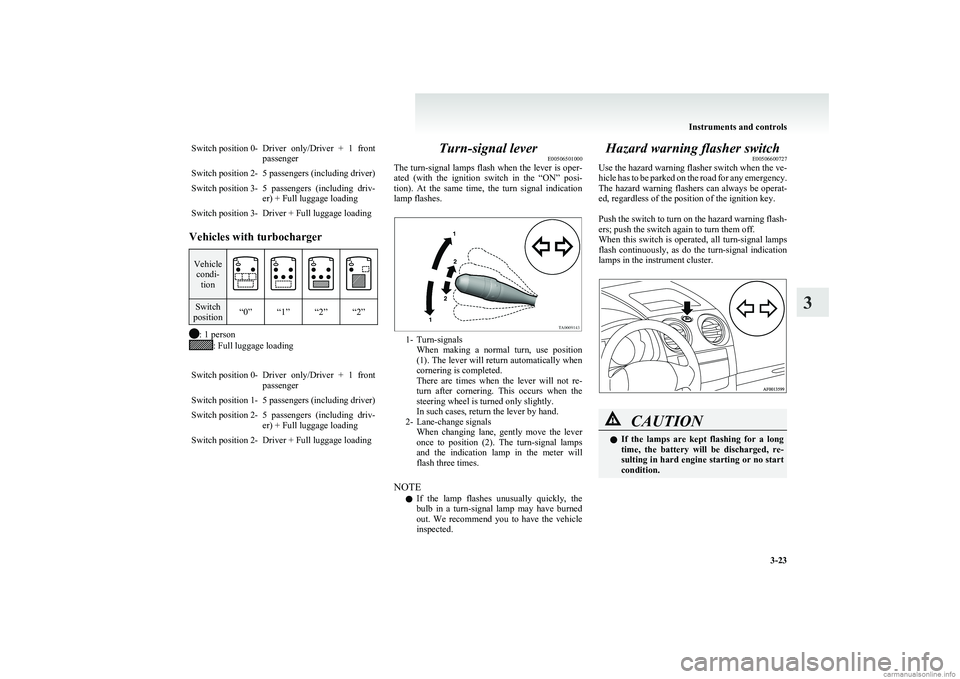 MITSUBISHI COLT 2011   (in English) Owners Manual Switch position 0-Driver  only/Driver  +  1  front
passengerSwitch position 2-5 passengers (including driver)Switch position 3-5  passengers  (including  driv-
er) + Full luggage loadingSwitch positio