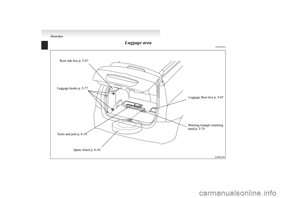 MITSUBISHI GRANDIS 2008 (in English) User Guide Overview
Luggage area
E00100400833
Luggage floor box p. 5-67 Luggage hooks p. 5-77
Tools and jack p. 6-10
Spare wheel p. 6-16Warning triangle retaining
band p. 5-78 Rear side box p. 5-67
BK-XP08E1ENU MITSUBISHI GRANDIS 2008 (in English) User Guide Overview
Luggage area
E00100400833
Luggage floor box p. 5-67 Luggage hooks p. 5-77
Tools and jack p. 6-10
Spare wheel p. 6-16Warning triangle retaining
band p. 5-78 Rear side box p. 5-67
BK-XP08E1ENU