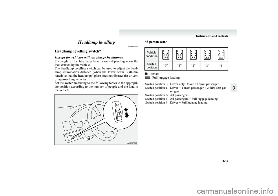 MITSUBISHI GRANDIS 2008 Owners Manual (in English) Instruments and controls
3-35
3 Headlamp levelling
E00506400594
Headlamp levelling switch*Except for vehicles with discharge headlampsThe angle of the headlamp beam varies depending upon the
load carr MITSUBISHI GRANDIS 2008 Owners Manual (in English) Instruments and controls
3-35
3 Headlamp levelling
E00506400594
Headlamp levelling switch*Except for vehicles with discharge headlampsThe angle of the headlamp beam varies depending upon the
load carr