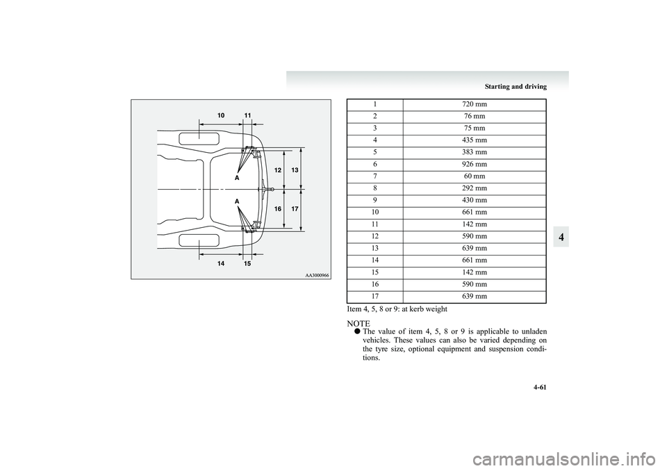 MITSUBISHI GRANDIS 2008 Owners Manual (in English) Starting and driving
4-61
4
Item 4, 5, 8 or 9: at kerb weightNOTE●The value of item 4, 5, 8 or 9 is applicable to unladen
vehicles. These values can also be varied depending on
the tyre size, option MITSUBISHI GRANDIS 2008 Owners Manual (in English) Starting and driving
4-61
4
Item 4, 5, 8 or 9: at kerb weightNOTE●The value of item 4, 5, 8 or 9 is applicable to unladen
vehicles. These values can also be varied depending on
the tyre size, option