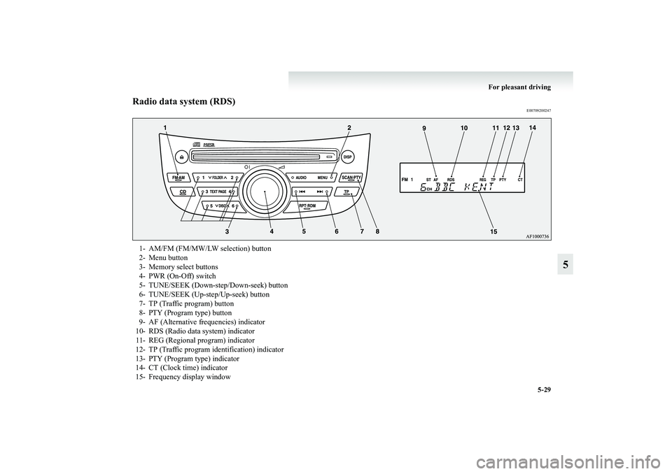 MITSUBISHI GRANDIS 2008  Owners Manual (in English) For pleasant driving
5-29
5
Radio data system (RDS)
E00709200247
1- AM/FM (FM/MW/LW selection) button
2- Menu button
3- Memory select buttons
4- PWR (On-Off) switch
5- TUNE/SEEK (Down-step/Down-seek) 