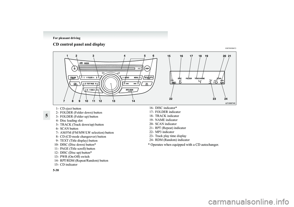 MITSUBISHI GRANDIS 2008 Owners Manual (in English) 5-38 For pleasant driving
5
CD control panel and display
E00709500673
* Operates when equipped with a CD autochanger.
1- CD eject button
2- FOLDER (Folder down) button
3- FOLDER (Folder up) button
4- MITSUBISHI GRANDIS 2008 Owners Manual (in English) 5-38 For pleasant driving
5
CD control panel and display
E00709500673
* Operates when equipped with a CD autochanger.
1- CD eject button
2- FOLDER (Folder down) button
3- FOLDER (Folder up) button
4-