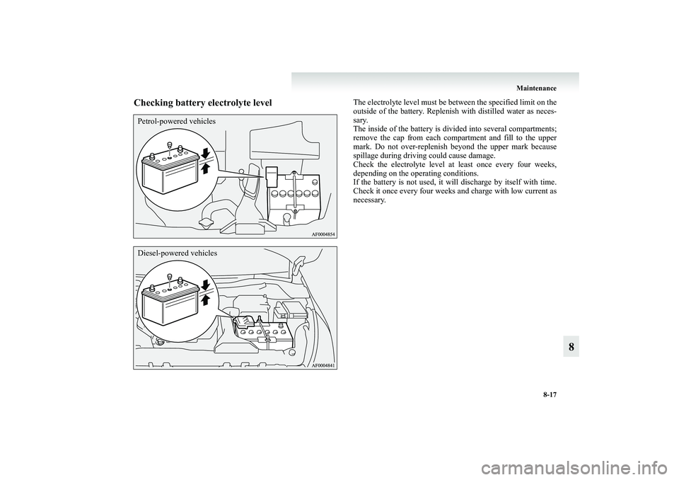 MITSUBISHI GRANDIS 2008 Owners Manual (in English) Maintenance
8-17
8
Checking battery electrolyte level
The electrolyte level must be between the specified limit on the
outside of the battery. Replenish with distilled water as neces-
sary.
The inside MITSUBISHI GRANDIS 2008 Owners Manual (in English) Maintenance
8-17
8
Checking battery electrolyte level
The electrolyte level must be between the specified limit on the
outside of the battery. Replenish with distilled water as neces-
sary.
The inside