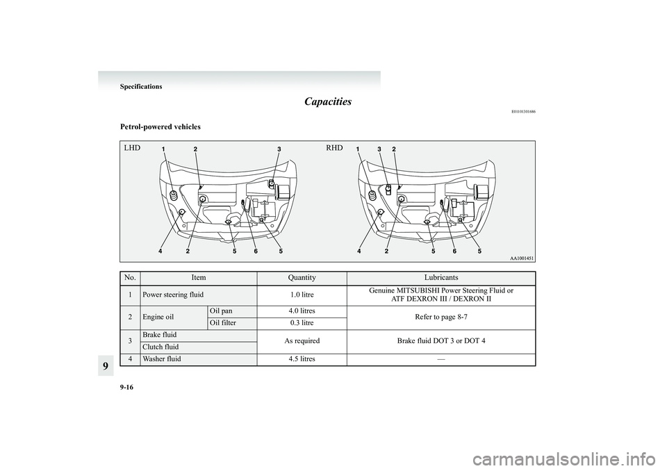 MITSUBISHI GRANDIS 2008  Owners Manual (in English) 9-16 Specifications
9Capacities
E01101301686
Petrol-powered vehicles
  
 
No.
Item
Quantity
Lubricants
1
Power steering fluid 1.0 litreGenuine MITSUBISHI Power Steering Fluid or 
ATF DEXRON III / DEXR