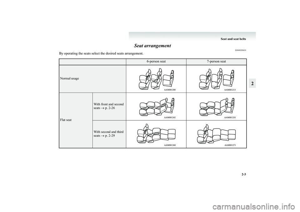 MITSUBISHI GRANDIS 2008   (in English) Workshop Manual Seat and seat belts
2-3
2 Seat arrangement
E00400200430
By operating the seats select the desired seats arrangement.
6-person seat
7-person seat
Normal usageFlat seat
With front and second 
seats → 