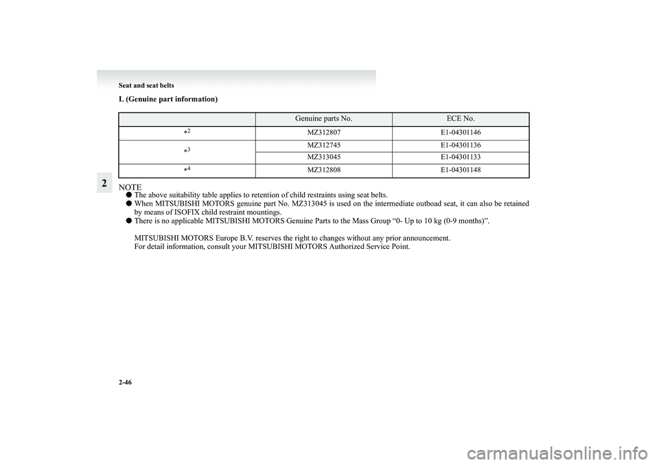 MITSUBISHI GRANDIS 2008 (in English) Owners Manual 2-46 Seat and seat belts
2
L (Genuine part information)
NOTE●The above suitability table applies to retention of child restraints using seat belts.
●When MITSUBISHI MOTORS genuine part No. MZ MITSUBISHI GRANDIS 2008 (in English) Owners Manual 2-46 Seat and seat belts
2
L (Genuine part information)
NOTE●The above suitability table applies to retention of child restraints using seat belts.
●When MITSUBISHI MOTORS genuine part No. MZ