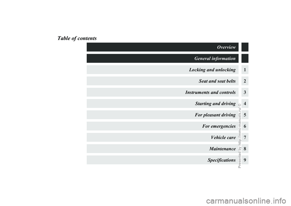 MITSUBISHI GRANDIS 2010  Owners Manual (in English) Table of contents
Overview
General information
Locking and unlocking 1
Seat and seat belts 2
Instruments and controls 3
Starting and driving 4
For pleasant driving 5
For emergencies 6
Vehicle care 7
M