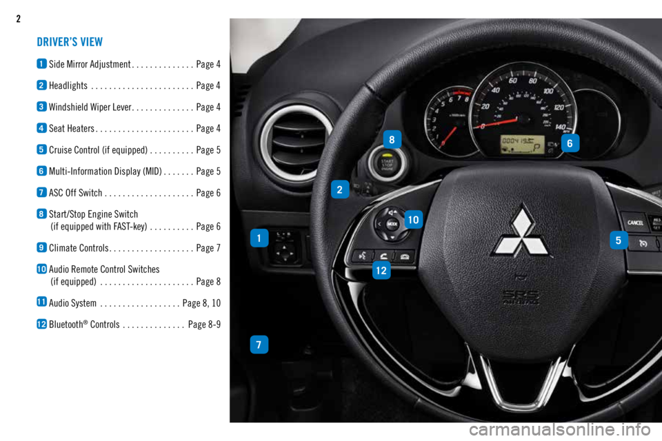 MITSUBISHI MIRAGE 2018 Owners Manual (in English) 2
DRIVER’S VIEW
1 Side Mirror Adjustment ..............
Page 4
2 Headlights
....................... Page 4
3 Windshield Wiper Lever ..............
Page 4
4 Seat Heaters ......................
Page MITSUBISHI MIRAGE 2018 Owners Manual (in English) 2
DRIVER’S VIEW
1 Side Mirror Adjustment ..............
Page 4
2 Headlights
....................... Page 4
3 Windshield Wiper Lever ..............
Page 4
4 Seat Heaters ......................
Page