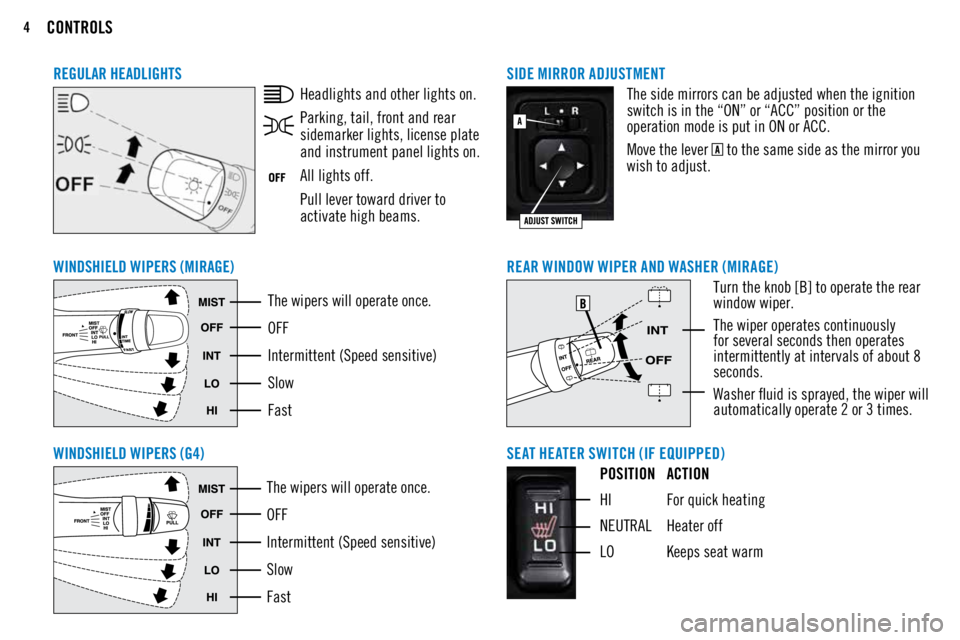 MITSUBISHI MIRAGE 2018 Owners Manual (in English) 4CONTROLS
The wipers will operate once.
OFF
Intermittent (Speed sensitive)
Slow
Fast
WINDSHIELD WIPERS (MIRAGE)The wipers will operate once.
OFF
Intermittent (Speed sensitive)
Slow
Fast
WINDSHIELD W MITSUBISHI MIRAGE 2018 Owners Manual (in English) 4CONTROLS
The wipers will operate once.
OFF
Intermittent (Speed sensitive)
Slow
Fast
WINDSHIELD WIPERS (MIRAGE)The wipers will operate once.
OFF
Intermittent (Speed sensitive)
Slow
Fast
WINDSHIELD W