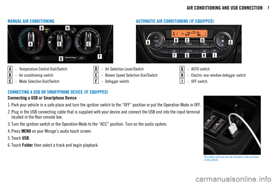 MITSUBISHI MIRAGE 2018  Owners Manual (in English) 7AIR CONDITIONING AND USB CONNECTION
MANUAL AIR CONDITIONINGAUTOMATIC AIR CONDITIONING (IF EQUIPPED)
 -  Temperature Control Dial/Switch
 -  Air conditioning switch
 -  Mode Selection Dial/Switch
 -  