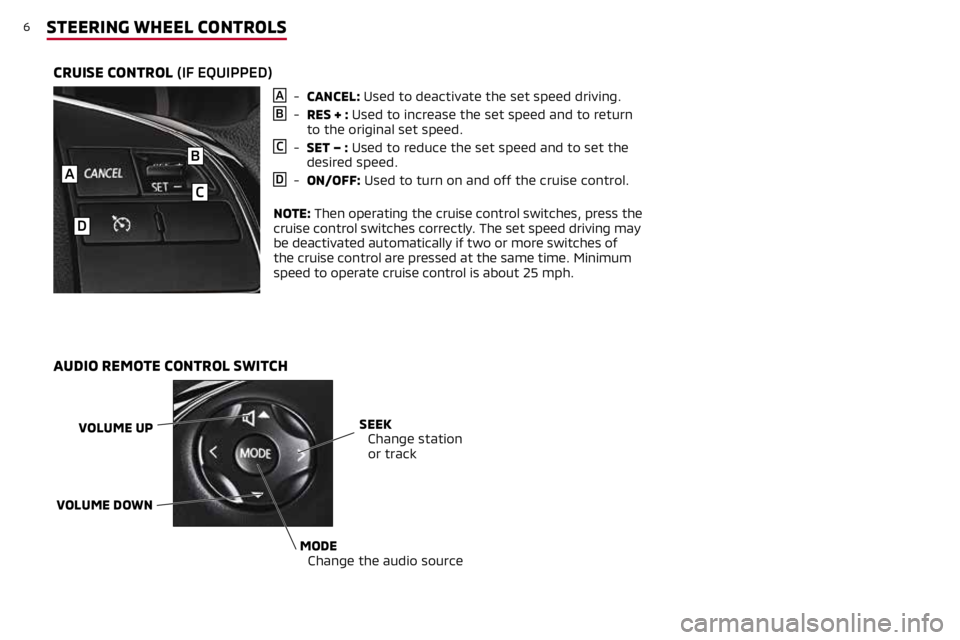 MITSUBISHI MIRAGE 2019 Owners Manual (in English) 6STEERING WHEEL CONTROLS
A - CANCEL: Used to deactivate the set speed driving.
B - RES + : Used to increase the set speed and to return
to the original set speed.
C - SET – : Used to reduce the se MITSUBISHI MIRAGE 2019 Owners Manual (in English) 6STEERING WHEEL CONTROLS
A - CANCEL: Used to deactivate the set speed driving.
B - RES + : Used to increase the set speed and to return
to the original set speed.
C - SET – : Used to reduce the se