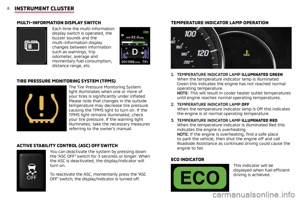 MITSUBISHI MIRAGE 2019  Owners Manual (in English) 8INSTRUMENT CLUSTER
1. TEMPERATURE INDICATOR LAMP ILLUMINATED GREEN 
When the temperature indicator lamp is illuminated 
Green this indicates the engine has not reached normal 
operating temperature. 
