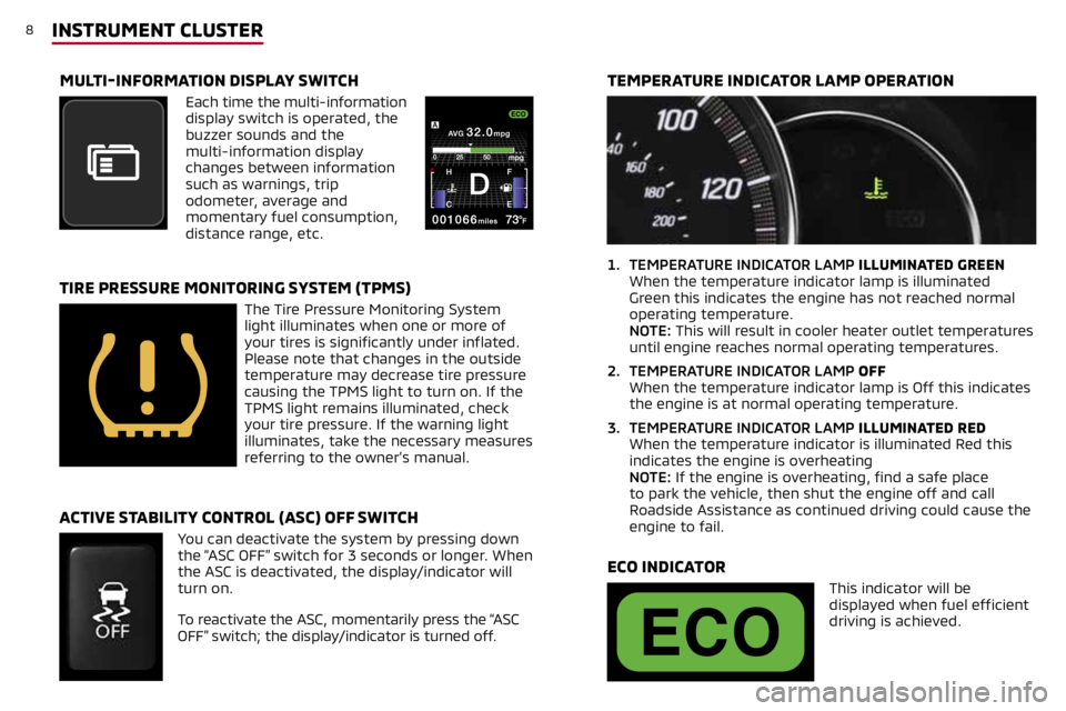 MITSUBISHI MIRAGE 2019  Owners Manual (in English) 8INSTRUMENT CLUSTER
1. TEMPERATURE INDICATOR LAMP ILLUMINATED GREEN 
When the temperature indicator lamp is illuminated 
Green this indicates the engine has not reached normal 
operating temperature. 