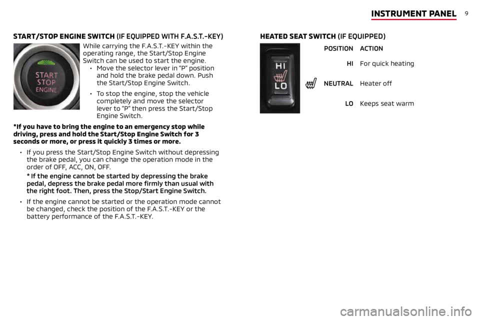 MITSUBISHI MIRAGE 2019 Owners Manual (in English) 9INSTRUMENT PANEL
START/STOP ENGINE SWITCH (IF EQUIPPED WITH F.A.S.T.-KEY)
While carrying the F.A.S.T.-KEY within the
operating range, the Start/Stop Engine
Switch can be used to start the engine. MITSUBISHI MIRAGE 2019 Owners Manual (in English) 9INSTRUMENT PANEL
START/STOP ENGINE SWITCH (IF EQUIPPED WITH F.A.S.T.-KEY)
While carrying the F.A.S.T.-KEY within the
operating range, the Start/Stop Engine
Switch can be used to start the engine.