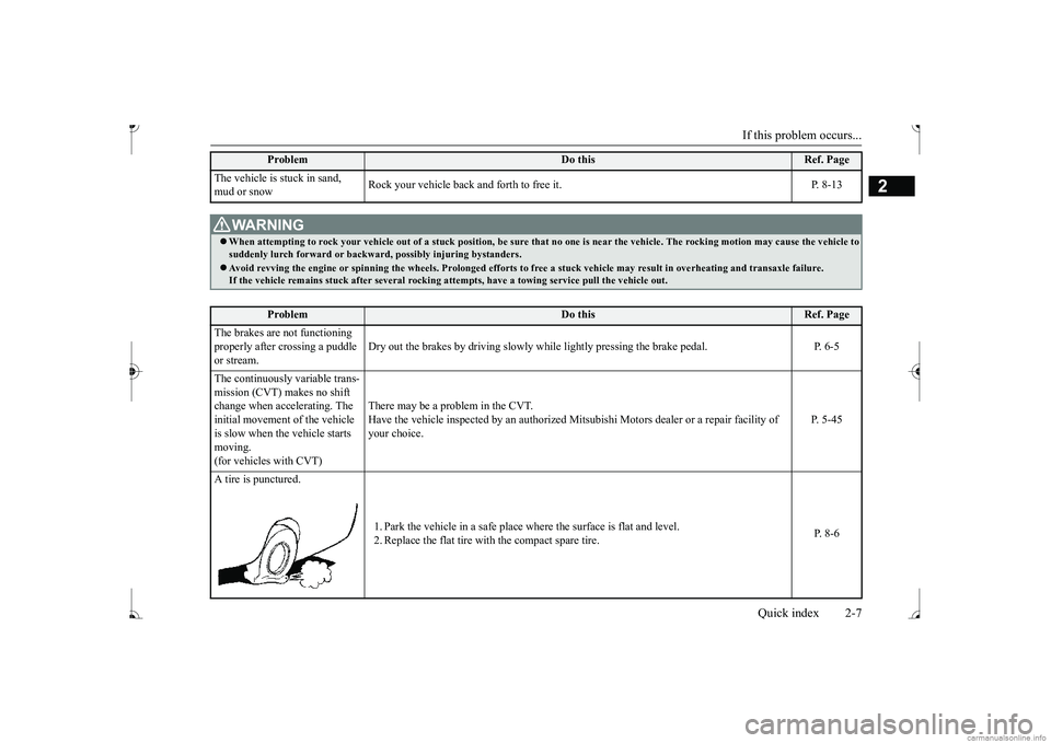 MITSUBISHI MIRAGE G4 2017   (in English) User Guide If this problem occurs... 
Quick index 2-7
2
The vehicle is  
stuck in sand,  
mud or snow 
Rock your vehicle back and forth to free it. P. 8-13
WA R N I N G When attempting to rock your vehicle ou