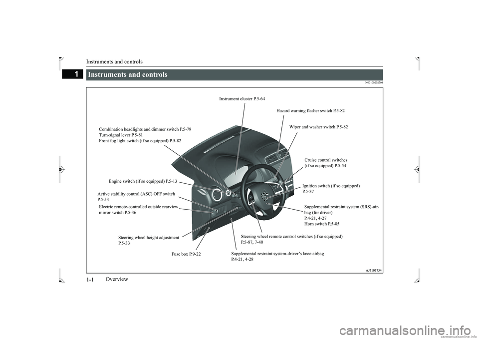 MITSUBISHI MIRAGE G4 2017  Owners Manual (in English) Instruments and controls 1-1
1
Overview
N00100202704
Instruments and controls  
Instrument cluster P.5-64 
Hazard warning flasher switch P.5-82 
Combination headlights and dimmer switch P.5-79 Turn-si