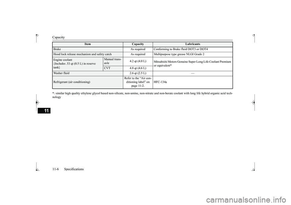 MITSUBISHI MIRAGE G4 2017 Owners Manual (in English) Capacity 11-6 Specifications
11
* : similar high quality ethylene
glycol based non-silicate, non-
amine, non-nitrate and non-borate
coolant with long life hybrid
organic acid tech-
nologyBrake As MITSUBISHI MIRAGE G4 2017 Owners Manual (in English) Capacity 11-6 Specifications
11
* : similar high quality ethylene
glycol based non-silicate, non-
amine, non-nitrate and non-borate
coolant with long life hybrid
organic acid tech-
nologyBrake As