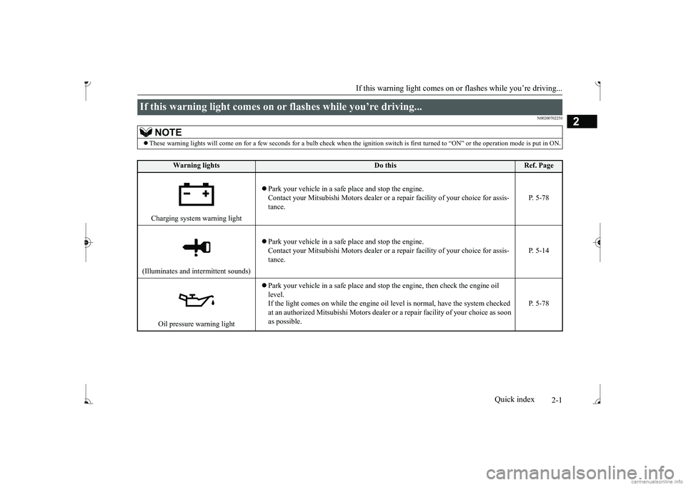 MITSUBISHI MIRAGE G4 2017  Owners Manual (in English) 2-1
2
If this warning light comes on or
 flashes while you’re driving...
Quick index
N00200702250
If this warning light comes on 
or flashes while you’re driving... 
NOTE
These warning lights w