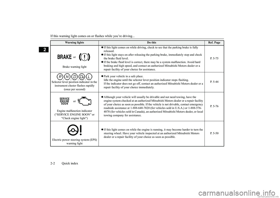 MITSUBISHI MIRAGE G4 2018 Owners Manual (in English) If this warning light comes on or flashes while you’re driving... 2-2 Quick index
2
or
Brake warning light
If this light comes on while driving, chec
k to see that the parking brake is fully MITSUBISHI MIRAGE G4 2018 Owners Manual (in English) If this warning light comes on or flashes while you’re driving... 2-2 Quick index
2
or
Brake warning light
If this light comes on while driving, chec
k to see that the parking brake is fully