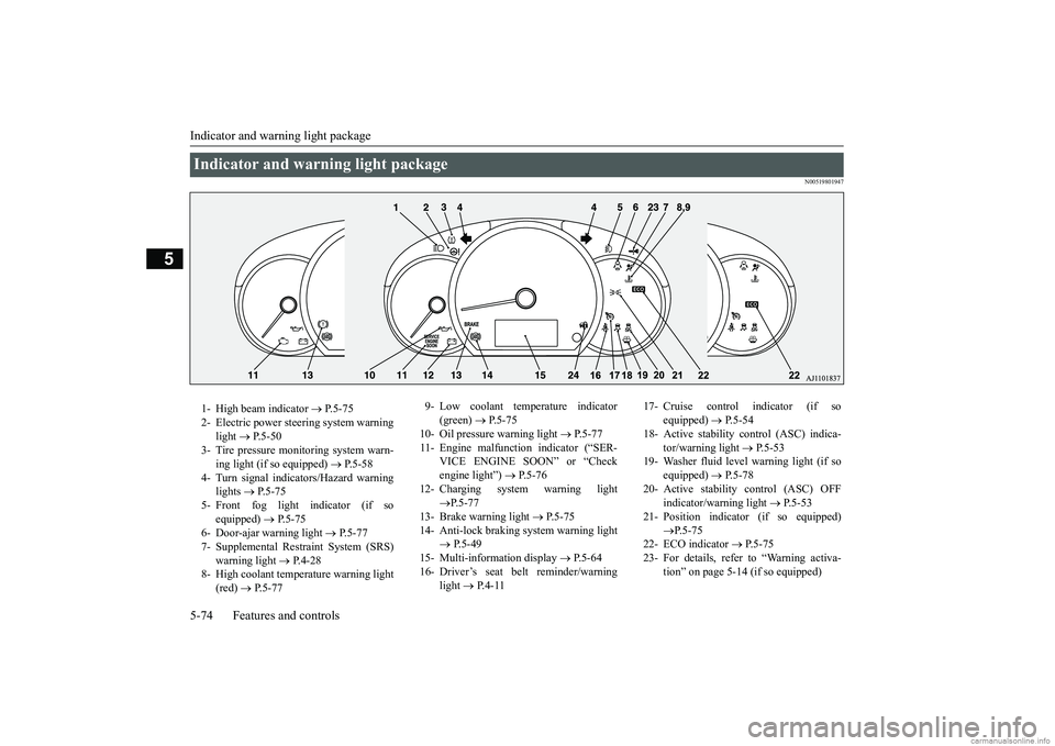 MITSUBISHI MIRAGE G4 2018 Owners Manual (in English) Indicator and warning light package 5-74 Features and controls
5
N00519801947
Indicator and warning light package 1- High beam indicator
P.5-75
2- Electric power steering system warning
light MITSUBISHI MIRAGE G4 2018 Owners Manual (in English) Indicator and warning light package 5-74 Features and controls
5
N00519801947
Indicator and warning light package 1- High beam indicator
P.5-75
2- Electric power steering system warning
light