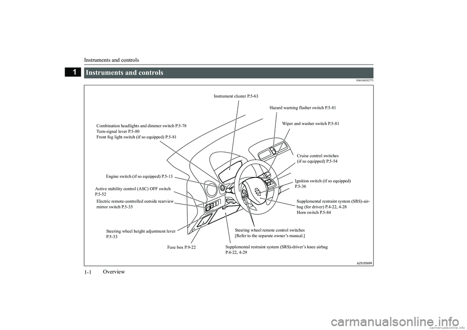 MITSUBISHI MIRAGE G4 2018  Owners Manual (in English) Instruments and controls 1-1
1
Overview
N00100202775
Instruments and controls 
Instrument cluster P.5-63 
Hazard warning flasher switch P.5-81 
Combination headlights and dimmer switch P.5-78 Turn-sig