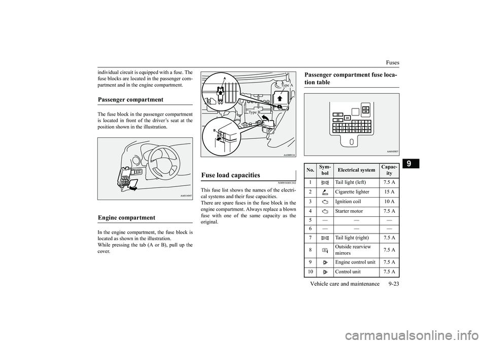 MITSUBISHI MIRAGE G4 2018 Owners Manual (in English) Fuses
Vehicle care and maintenance 9-23
9
individual circuit is e
quipped with a fuse. The
fuse blocks are locate
d in the passenger com-
partment and in the engine compartment. The fuse block in MITSUBISHI MIRAGE G4 2018 Owners Manual (in English) Fuses
Vehicle care and maintenance 9-23
9
individual circuit is e
quipped with a fuse. The
fuse blocks are locate
d in the passenger com-
partment and in the engine compartment. The fuse block in