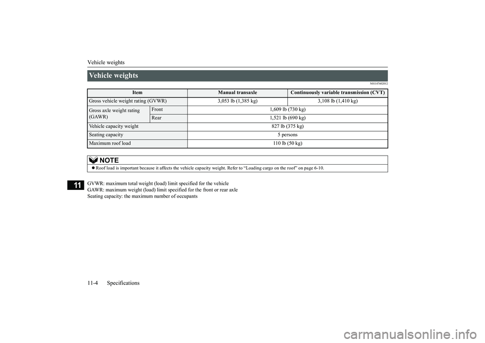 MITSUBISHI MIRAGE G4 2018 Owners Manual (in English) Vehicle weights 11-4 Specifications
11
N01147602012
GVWR: maximum total weight (load) limit specified for the vehicle GAWR: maximum weight (load) limit sp
ecified for the front or rear axle
Seating MITSUBISHI MIRAGE G4 2018 Owners Manual (in English) Vehicle weights 11-4 Specifications
11
N01147602012
GVWR: maximum total weight (load) limit specified for the vehicle GAWR: maximum weight (load) limit sp
ecified for the front or rear axle
Seating