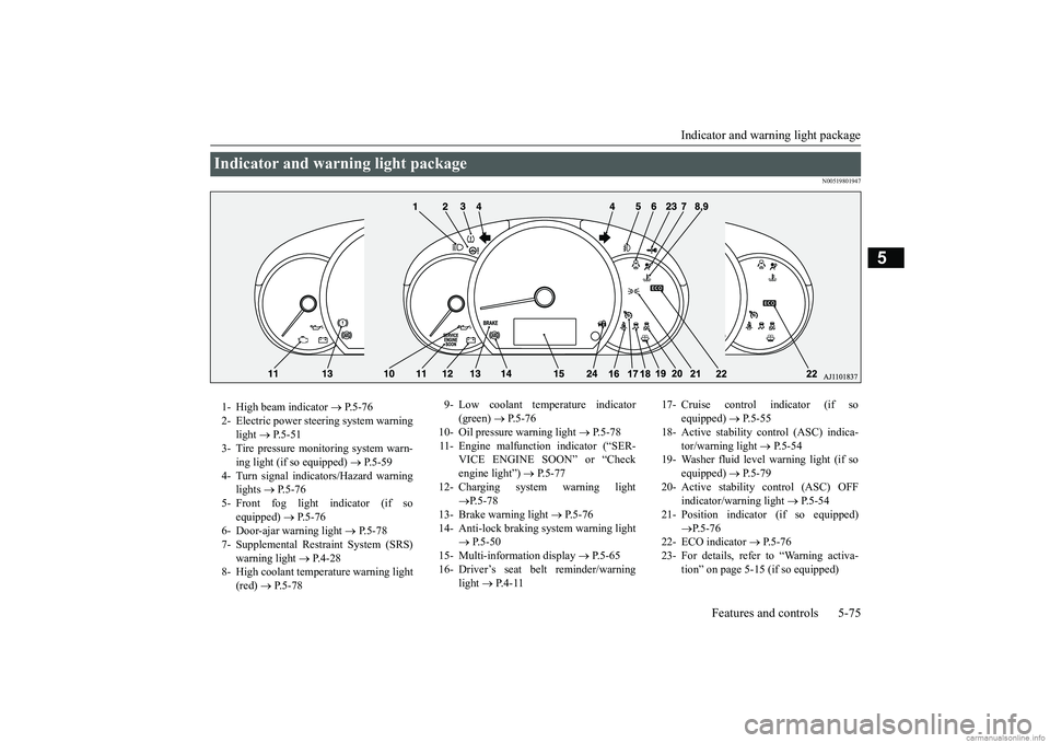 MITSUBISHI MIRAGE G4 2019 Owners Manual (in English) Indicator and warning light package
Features and controls 5-75
5
N00519801947
Indicator and warning light package 1- High beam indicator
P. 5 - 7 6
2- Electric power stee
ring system warning MITSUBISHI MIRAGE G4 2019 Owners Manual (in English) Indicator and warning light package
Features and controls 5-75
5
N00519801947
Indicator and warning light package 1- High beam indicator
P. 5 - 7 6
2- Electric power stee
ring system warning
