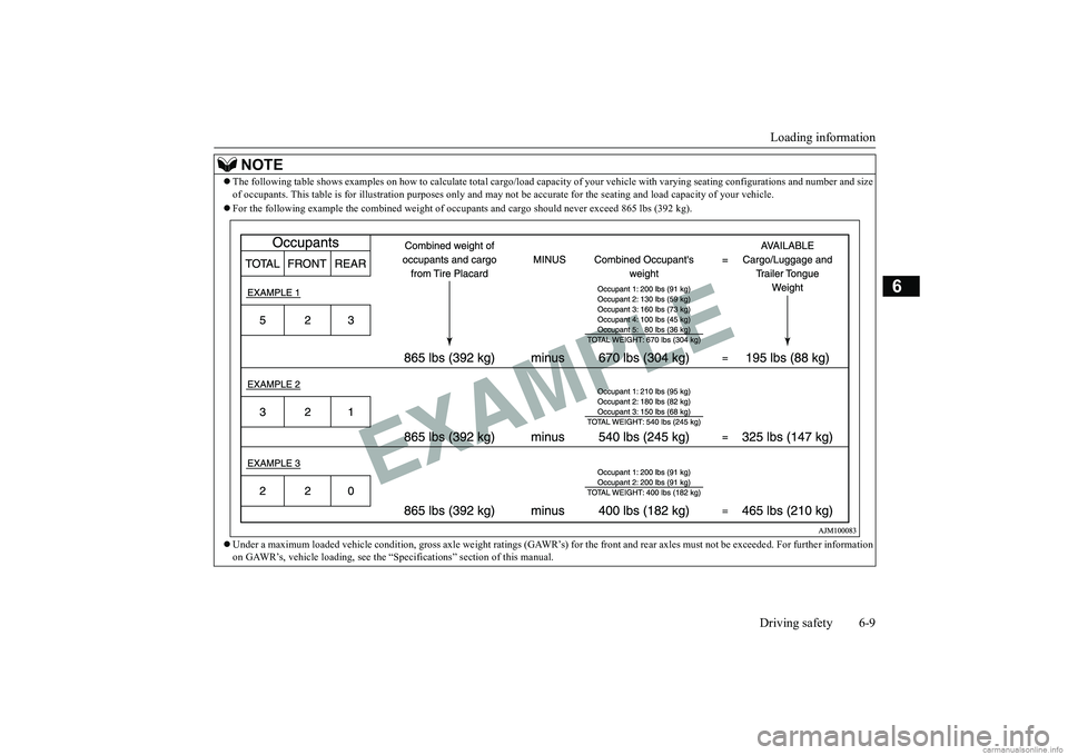 MITSUBISHI MIRAGE G4 2019 Owners Manual (in English) Loading information Driving safety 6-9
6
NOTE
The following table shows examples on how to
calculate tota
l cargo/load capacity of your vehi
cle with varying seating configura
tions and number an MITSUBISHI MIRAGE G4 2019 Owners Manual (in English) Loading information Driving safety 6-9
6
NOTE
The following table shows examples on how to
calculate tota
l cargo/load capacity of your vehi
cle with varying seating configura
tions and number an