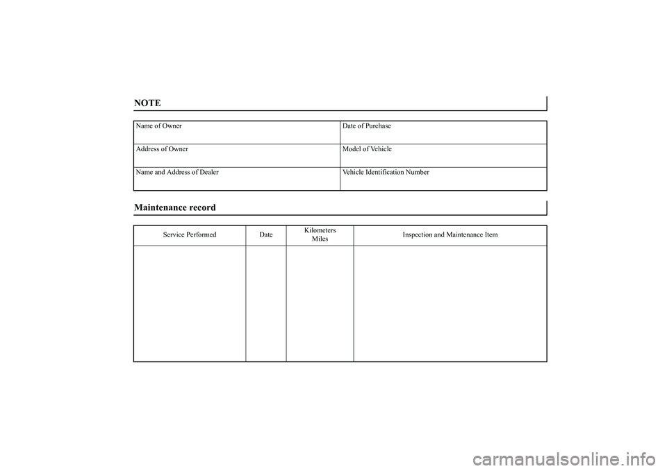 MITSUBISHI MIRAGE G4 2019 Owners Manual (in English) NOTE Name of Owner Date of Purchase
Address of Owner Model of Vehicle
Name and Address of Dealer Vehicle Identification NumberMaintenance record
Service Performed DateKilometers
MilesInspection and M MITSUBISHI MIRAGE G4 2019 Owners Manual (in English) NOTE Name of Owner Date of Purchase
Address of Owner Model of Vehicle
Name and Address of Dealer Vehicle Identification NumberMaintenance record
Service Performed DateKilometers
MilesInspection and M