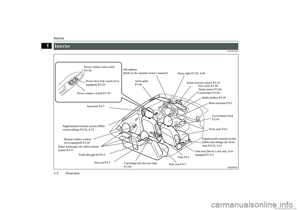 MITSUBISHI MIRAGE G4 2019  Owners Manual (in English) Interior 1-3 Overview
1
N00100302561
Interior 
Bottle holders P.5-95 
Power window lock switch  P.5-30 
Sun visors P.5-86 Vanity mirror P.5-86 Card holder P.5-86 
Power door lock switch (if so  equipp