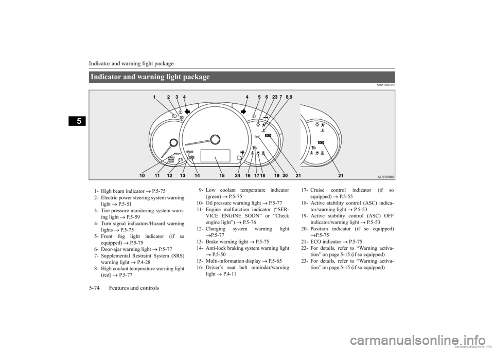 MITSUBISHI MIRAGE G4 2020  Owners Manual (in English) Indicator and warning light package 5-74 Features and controls
5
N00519801950
Indicator and warning light package 1- High beam indicator  
 P.5-75 
2- Electric power steering system warning 
light 