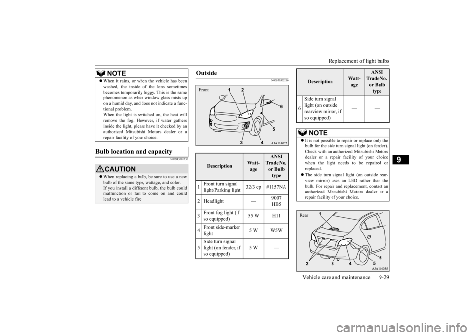 MITSUBISHI MIRAGE G4 2020 Owners Manual (in English) Replacement of light bulbs
Vehicle care and maintenance 9-29
9
N00943001230
N00950302216
When it rains, or wh
en the vehicle has been
washed, the inside of the lens sometimesbecomes temporarily MITSUBISHI MIRAGE G4 2020 Owners Manual (in English) Replacement of light bulbs
Vehicle care and maintenance 9-29
9
N00943001230
N00950302216
When it rains, or wh
en the vehicle has been
washed, the inside of the lens sometimesbecomes temporarily