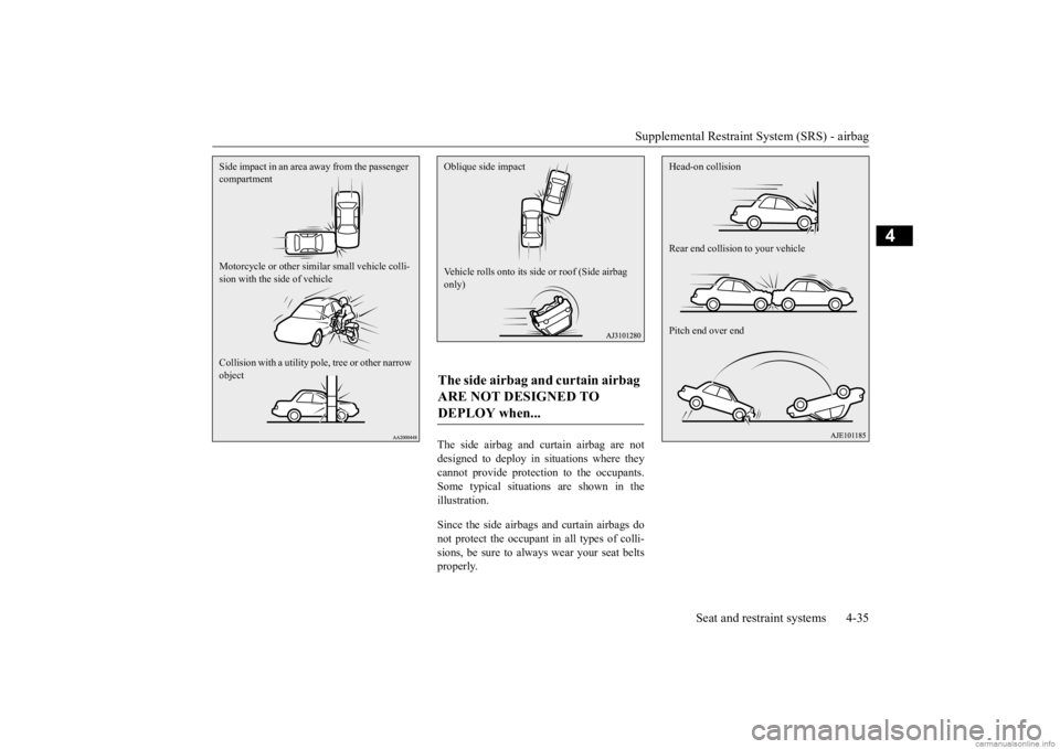 MITSUBISHI MIRAGE G4 2020 (in English) Repair Manual Supplemental Restraint System (SRS) - airbag
Seat and restraint systems 4-35
4
The side airbag and curtain airbag are not designed to deploy in situations where theycannot provide protectio
n to the MITSUBISHI MIRAGE G4 2020 (in English) Repair Manual Supplemental Restraint System (SRS) - airbag
Seat and restraint systems 4-35
4
The side airbag and curtain airbag are not designed to deploy in situations where theycannot provide protectio
n to the