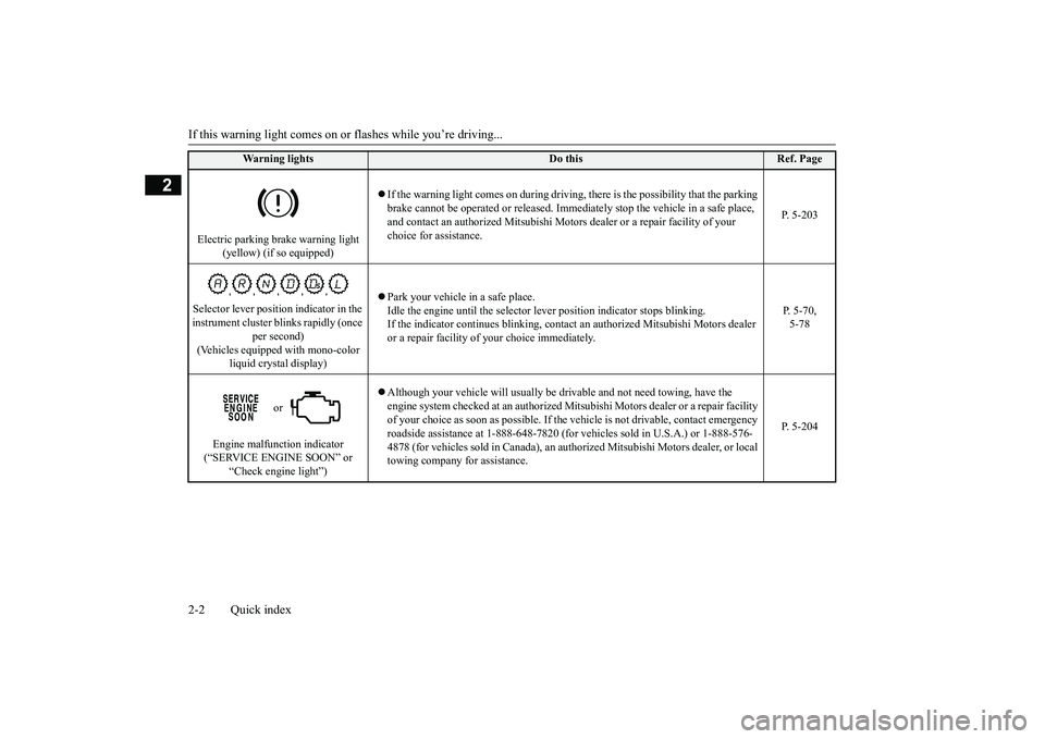 MITSUBISHI OUTLANDER 2018  Owners Manual (in English) If this warning light comes on or flashes while you’re driving...2-2 Quick index
2
Electric parking brake warning light 
(yellow) (if so equipped)
If the warning light comes on during driving, 
t