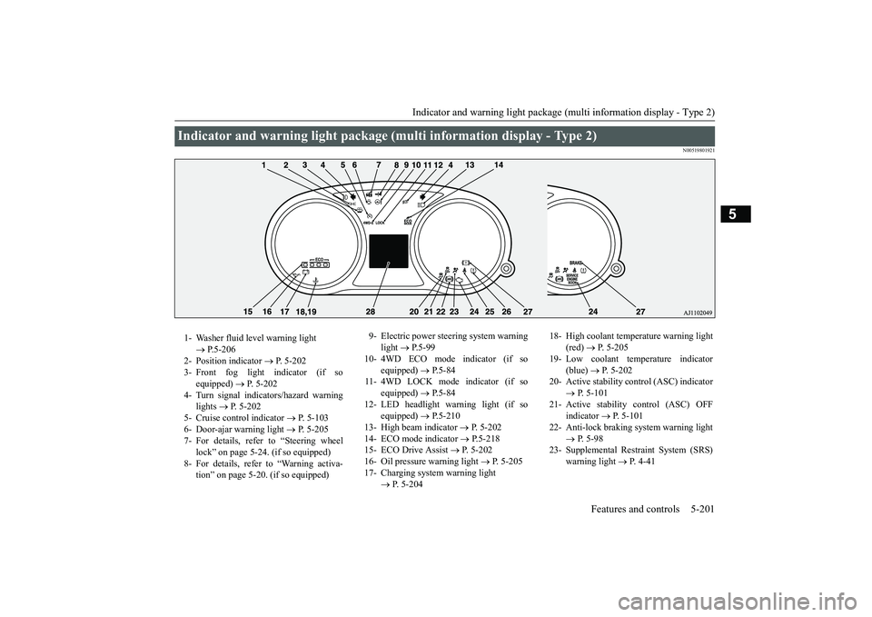 MITSUBISHI OUTLANDER 2018  Owners Manual (in English) Indicator and warning light package (multi information display - Type 2)
Features and controls 5-201
5
N00519801921
Indicator and warning light package (mu
lti information display - Type 2) 
1- Washer