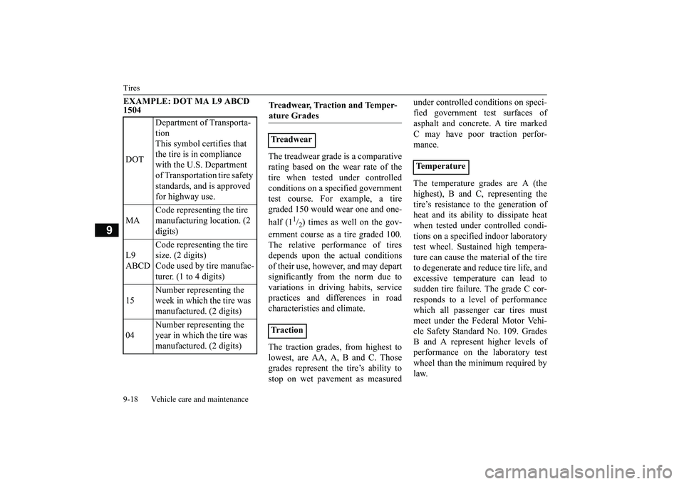 MITSUBISHI OUTLANDER 2018  Owners Manual (in English) Tires9-18 Vehicle care and maintenance
9
EXAMPLE: DOT MA L9 ABCD 1504
The treadwear grade is a comparativerating based on the wear rate of thetire when tested under controlledconditions on a specified