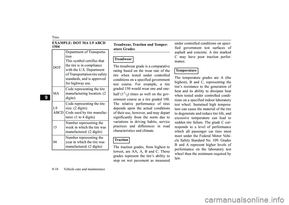 MITSUBISHI OUTLANDER 2018  Owners Manual (in English) Tires9-18 Vehicle care and maintenance
9
EXAMPLE: DOT MA L9 ABCD 1504
The treadwear grade is a comparativerating based on the wear rate of thetire when tested under controlledconditions on a specified