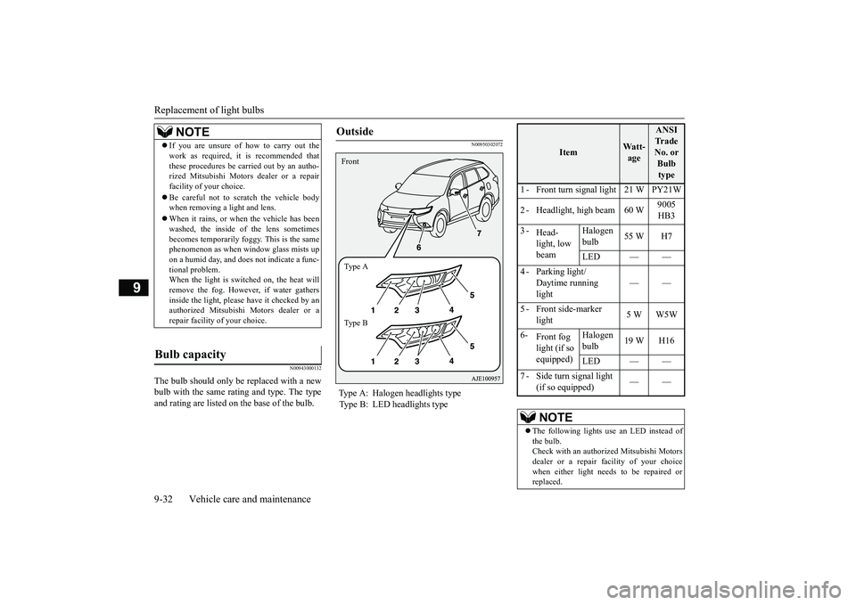 MITSUBISHI OUTLANDER 2018  Owners Manual (in English) Replacement of light bulbs9-32 Vehicle care and maintenance
9
N00943000132
The bulb should only be replaced with a newbulb with the same rating and type. The typeand rating are listed on the base of t