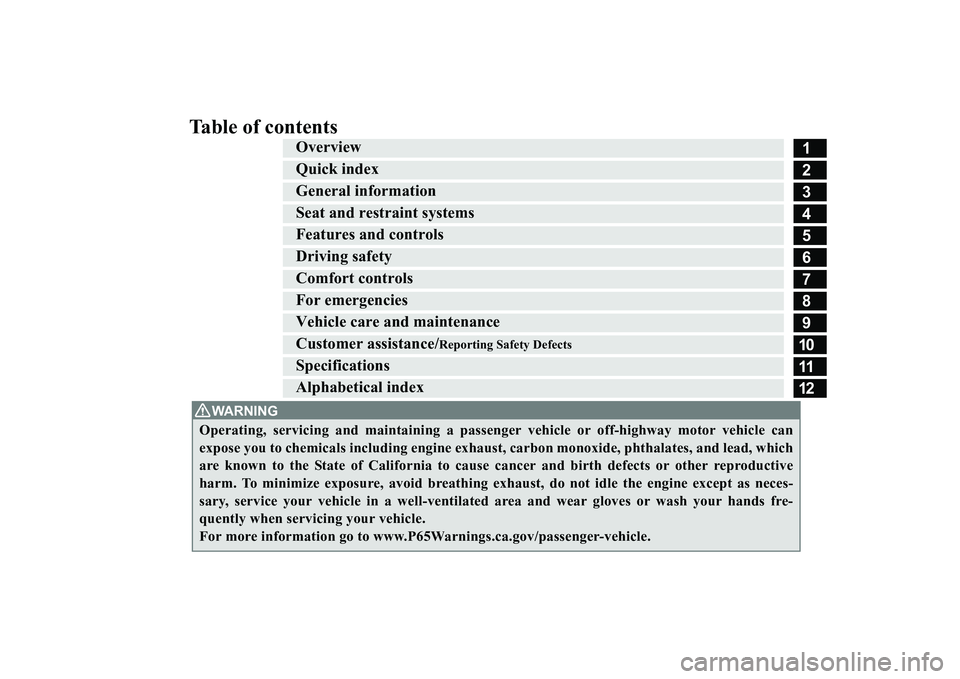 MITSUBISHI OUTLANDER 2019  Owners Manual (in English) Table of contents
123456789101112
Overview
Quick index
General information
Seat and restraint systems
Features and controls
Driving safety
Comfort controls
For emergencies
Vehicle care and maintenance